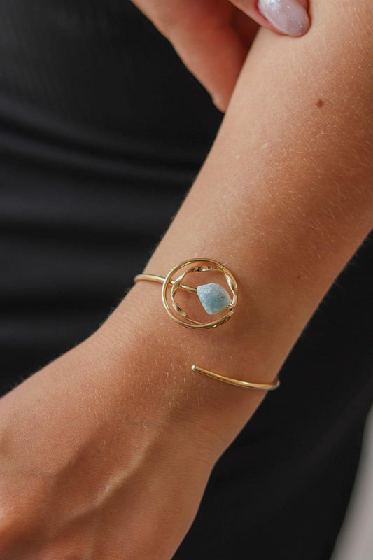 Bracelete Pedra Natural Água Marinha Banhado Ouro 18K