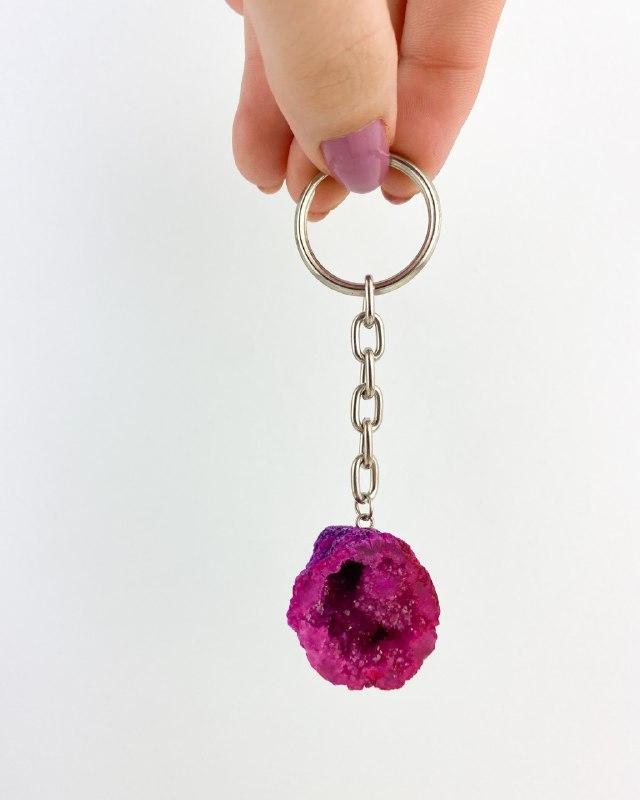 Chaveiro Geodo Ágata rosa tingido prateado