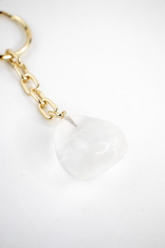 Chaveiro Cristal de Quartzo Rolado Banhado Ouro