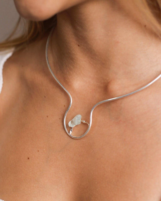 Choker Pedra Natural Água Marinha banhada Prata