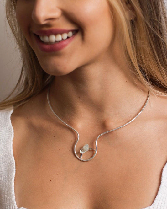 Choker Pedra Natural Água Marinha banhada Prata