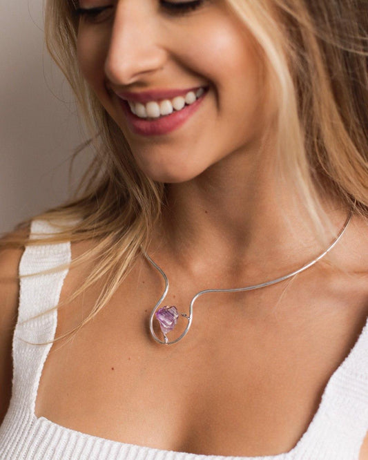 Choker Pedra Natural Ametista banhada Prata