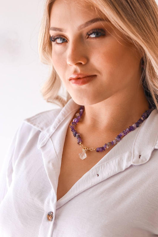 Choker Ametista com Cristal Fecho Boia Summer Vibes Banho Ouro