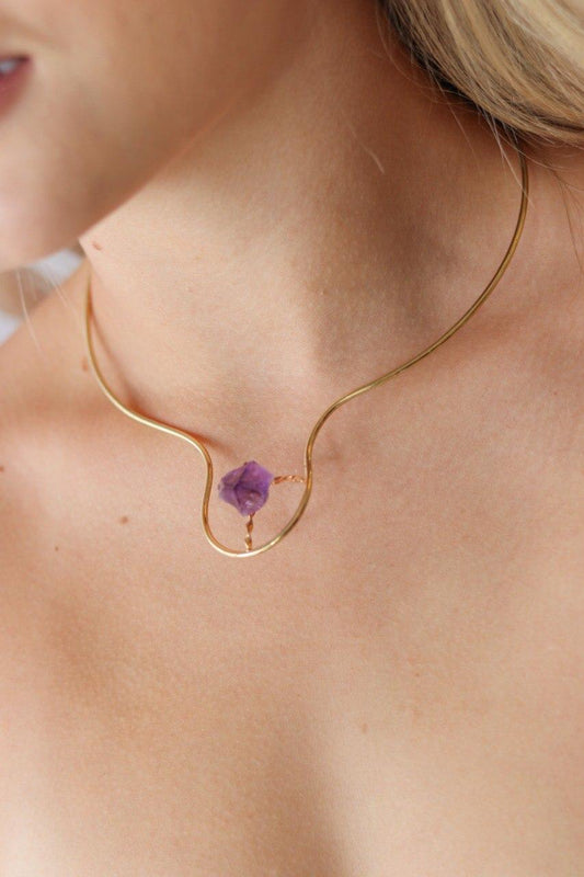 Choker Pedra Natural Ametista banhada Ouro 18k