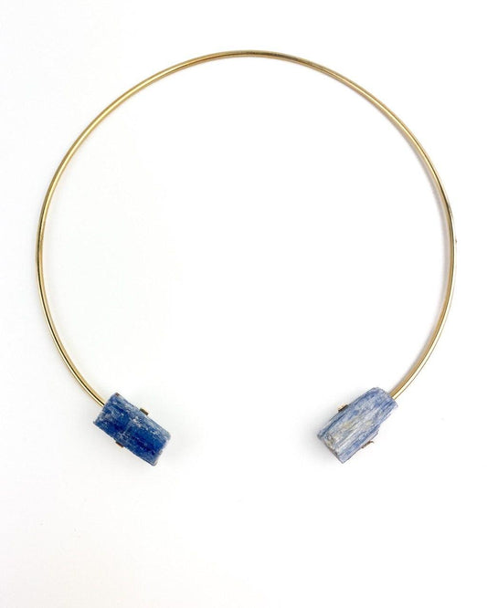 Choker Cianita Azul Bruta Banho Ouro