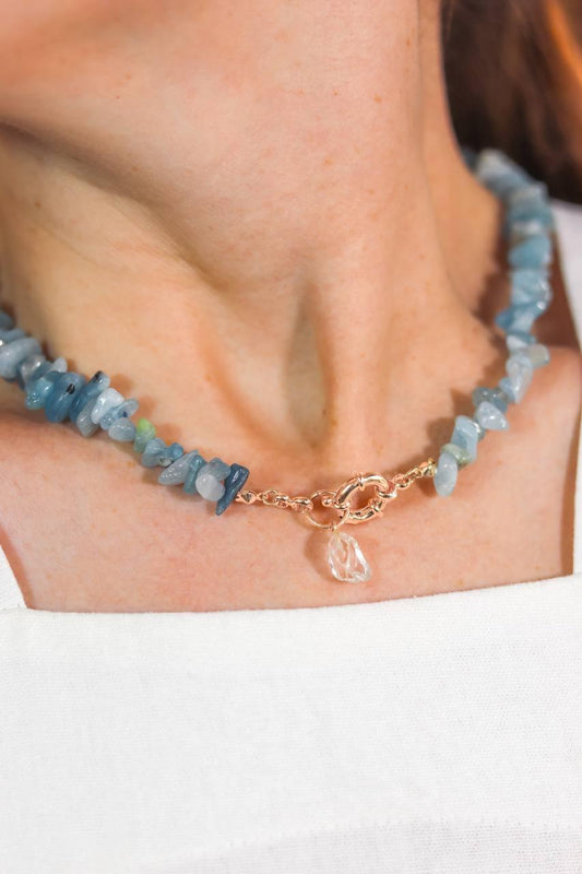 Choker Água Marinha com Cristal Fecho Boia Summer Vibes Banho Prata