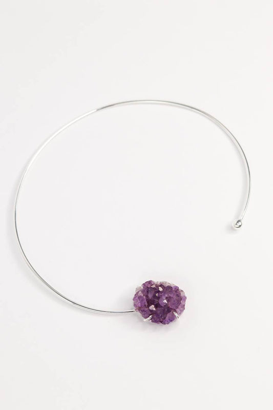 Choker Drusa Ametista Abraço Banho Prata