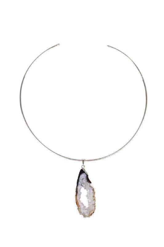 Choker Geodo Ágata Natural Banho Prata