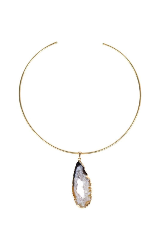 Choker Geodo Ágata Natural Banho Ouro