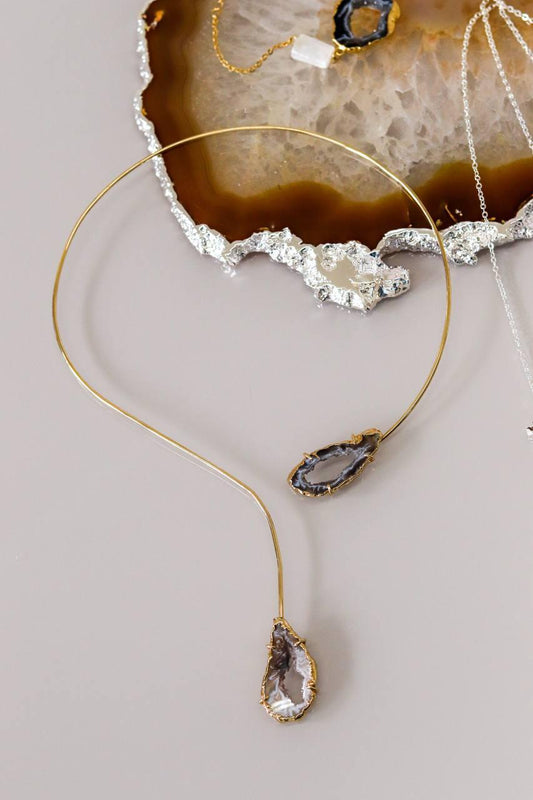 Choker Duo Geodo de Ágata Natural Banho Ouro