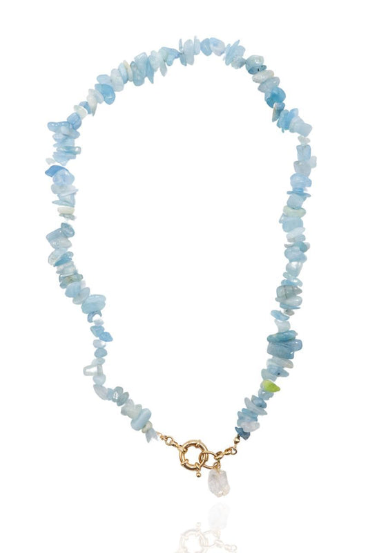 Choker Água Marinha com Cristal Fecho Boia Summer Vibes Banho Ouro