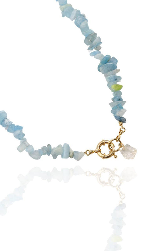 Choker Água Marinha com Cristal Fecho Boia Summer Vibes Banho Ouro