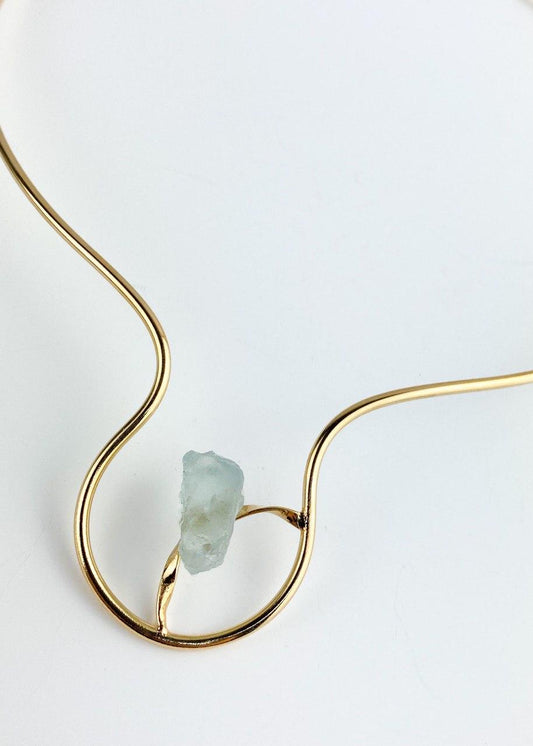 Choker Pedra Natural Água Marinha banhada Ouro 18k