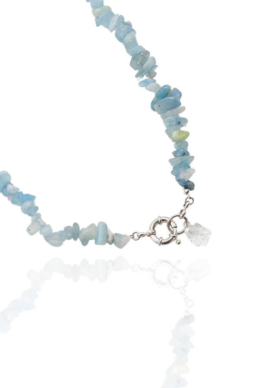 Choker Água Marinha com Cristal Fecho Boia Summer Vibes Banho Prata
