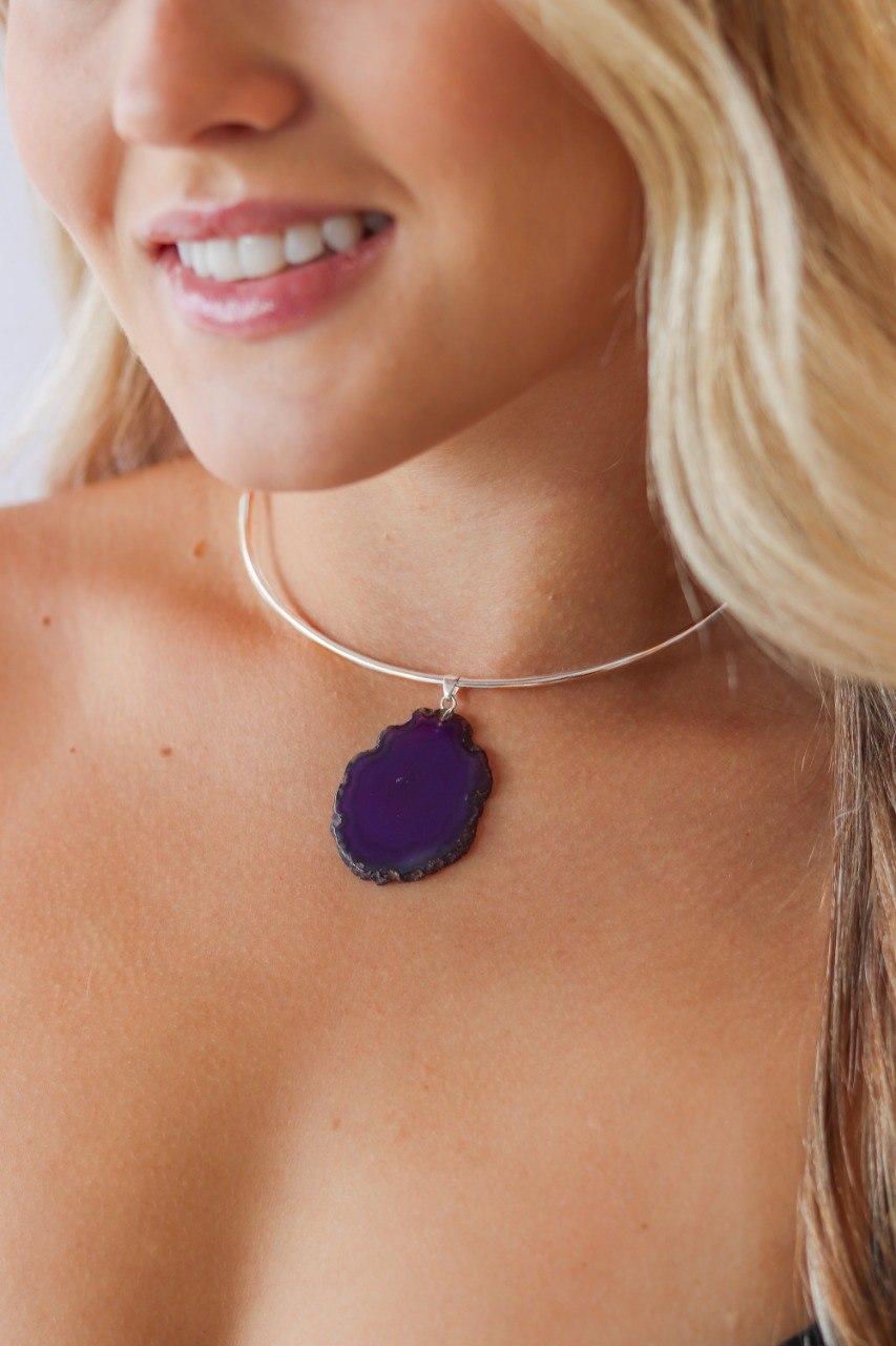 Choker Chapa de Ágata Roxa Banho Prata
