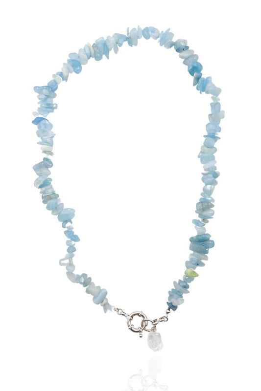 Choker Água Marinha com Cristal Fecho Boia Summer Vibes Banho Prata