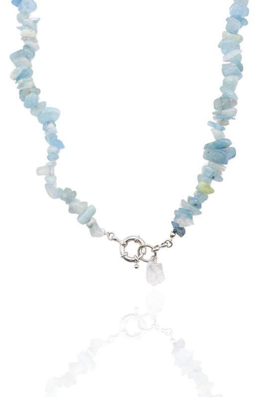 Choker Água Marinha com Cristal Fecho Boia Summer Vibes Banho Prata