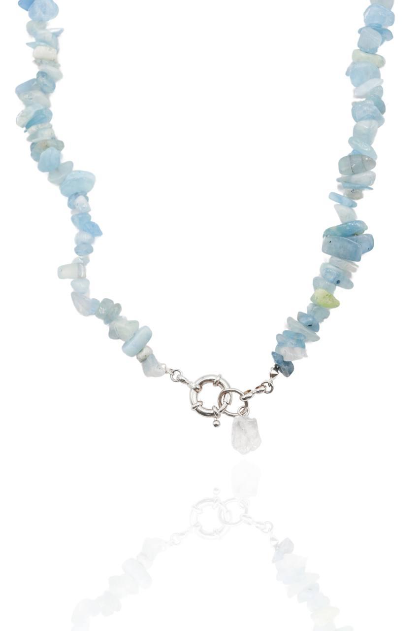 Choker Água Marinha com Cristal Fecho Boia Summer Vibes Banho Prata