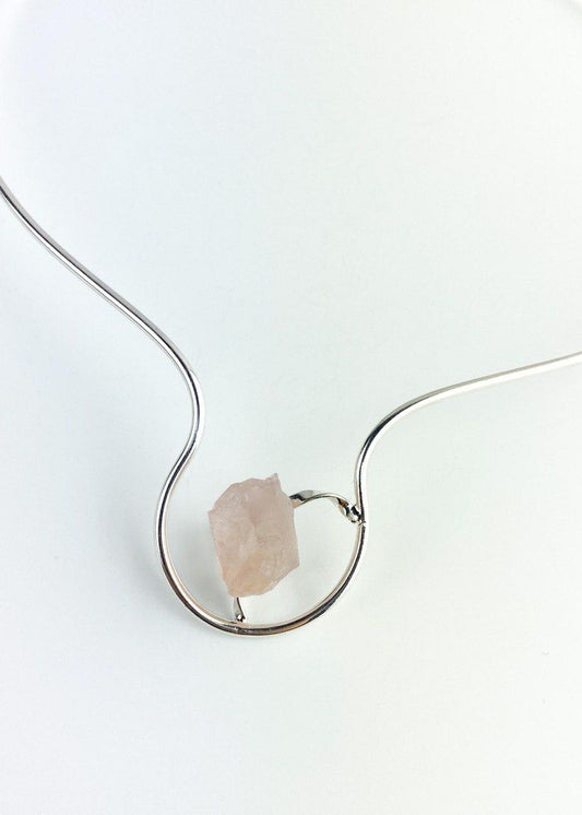 Choker Pedra Natural Quartzo Rosa banhada Prata