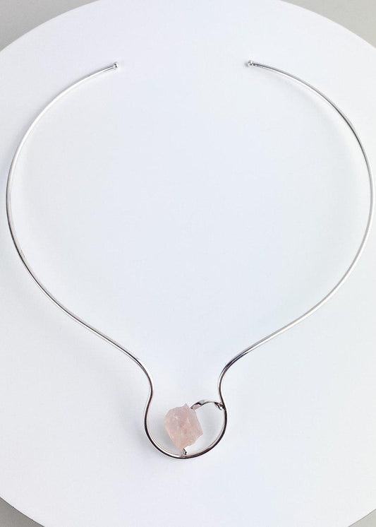Choker Pedra Natural Quartzo Rosa banhada Prata