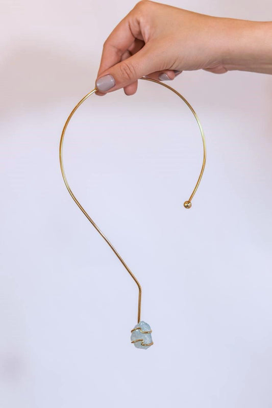 Choker Pedra Natural Água Marinha Essência Banho Ouro