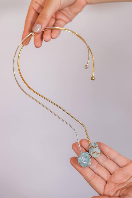 Choker Pedra Natural Água Marinha Essência Banho Prata