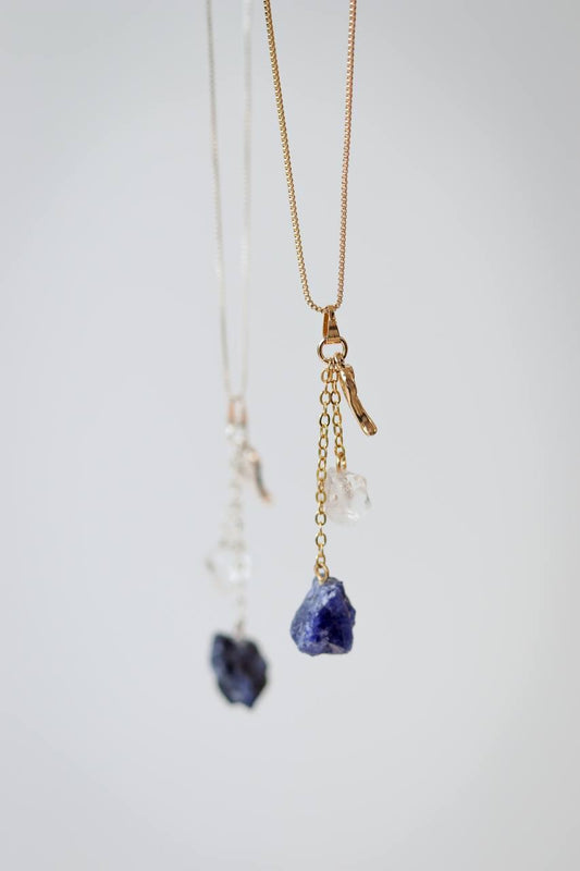 Colar Duo Sodalita e Cristal Banho Prata