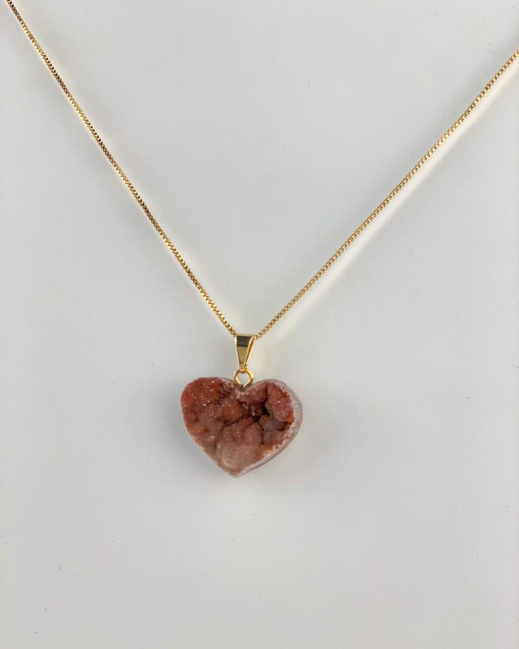 Colar Coração Calcedônia Bruto banhado Ouro 18K