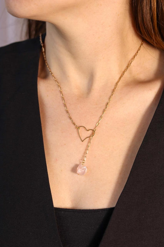Colar Amor Passante Quartzo Rosa Banho Ouro