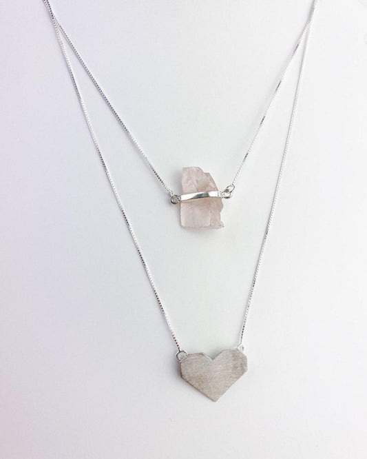 Escapulário Quartzo Rosa Coração Origami Prata 925