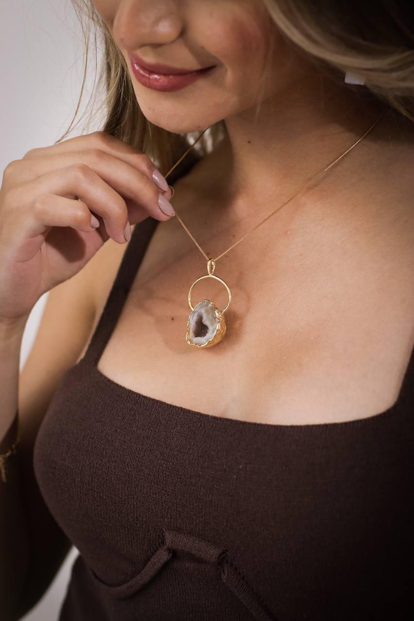 Colar Geodo Ágata Natural Argola Banho Ouro
