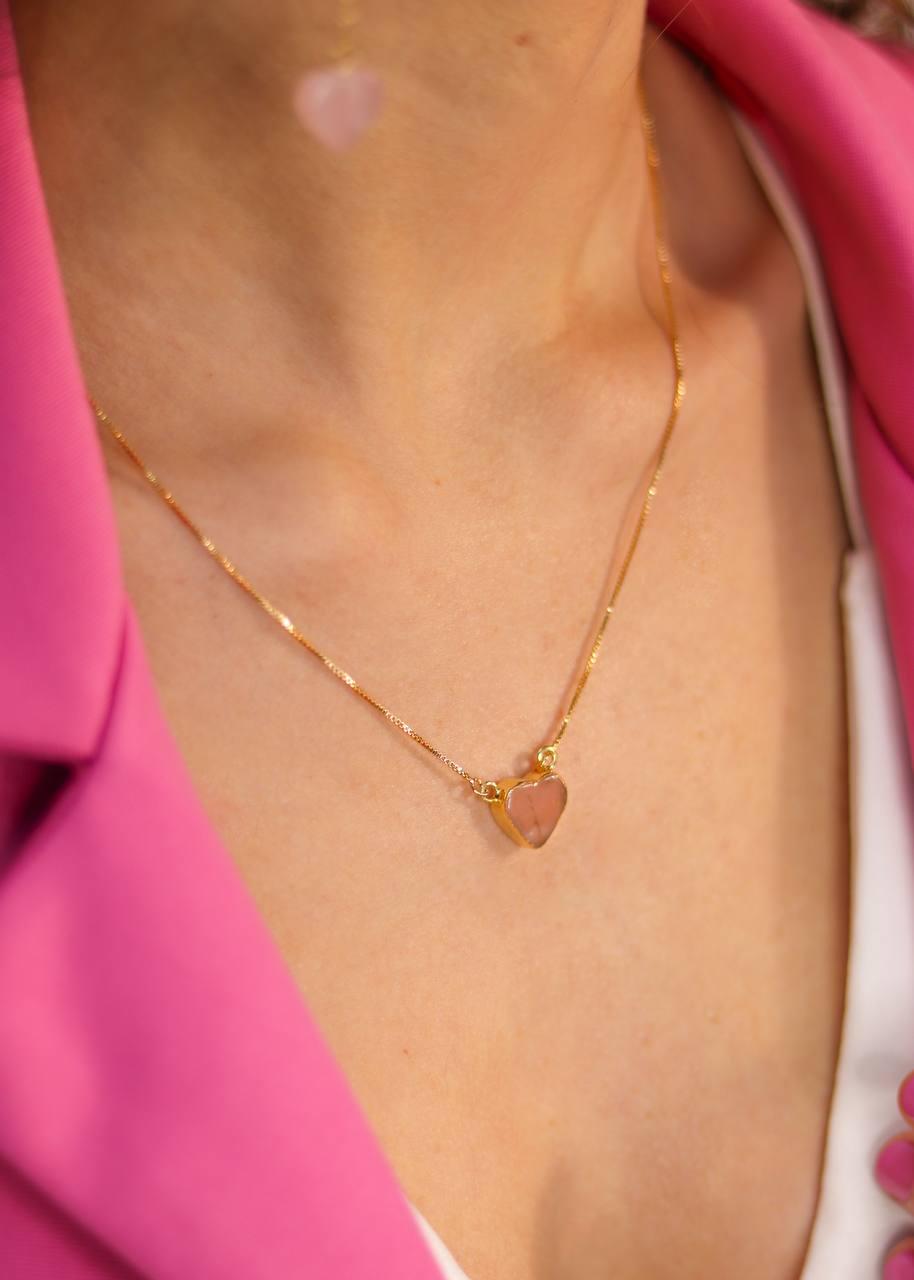 Colar Coração Quartzo Rosa Banho Ouro