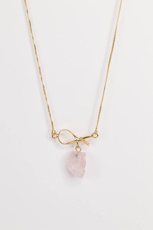 Colar Quartzo Rosa Bruto Laços Banho Ouro