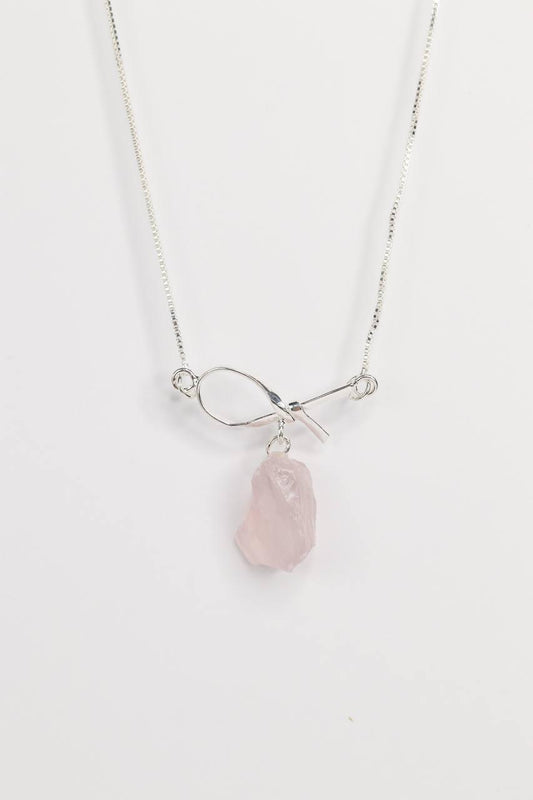 Colar Quartzo Rosa Bruto Laços Banho Prata