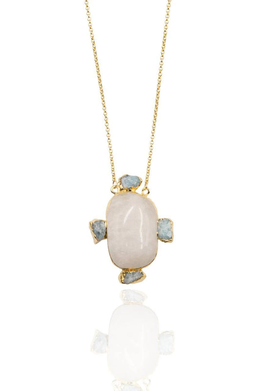 Colar Pedra Natural Cristal com Água Marinha Essência Banho Ouro