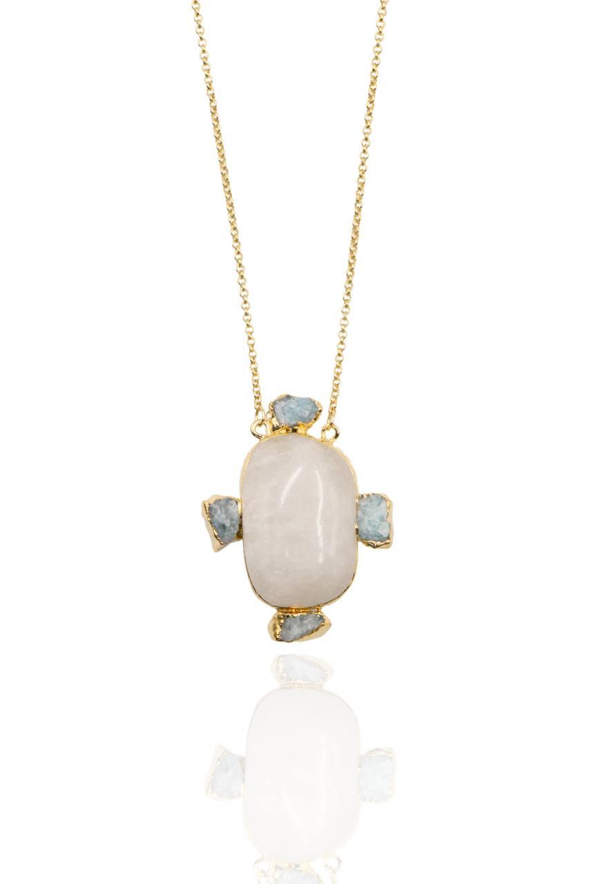 Colar Pedra Natural Cristal com Água Marinha Essência Banho Ouro