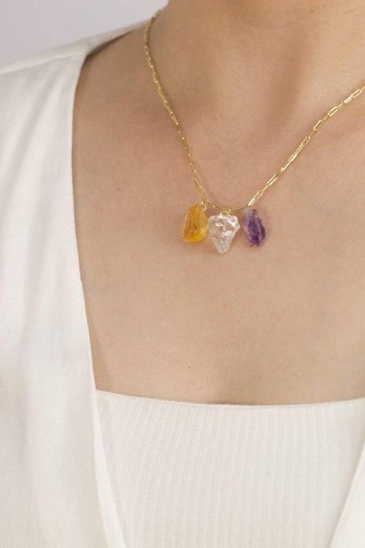 Colar Três Pedras Brutas Citrino - Cristal - Ametista Banho Ouro