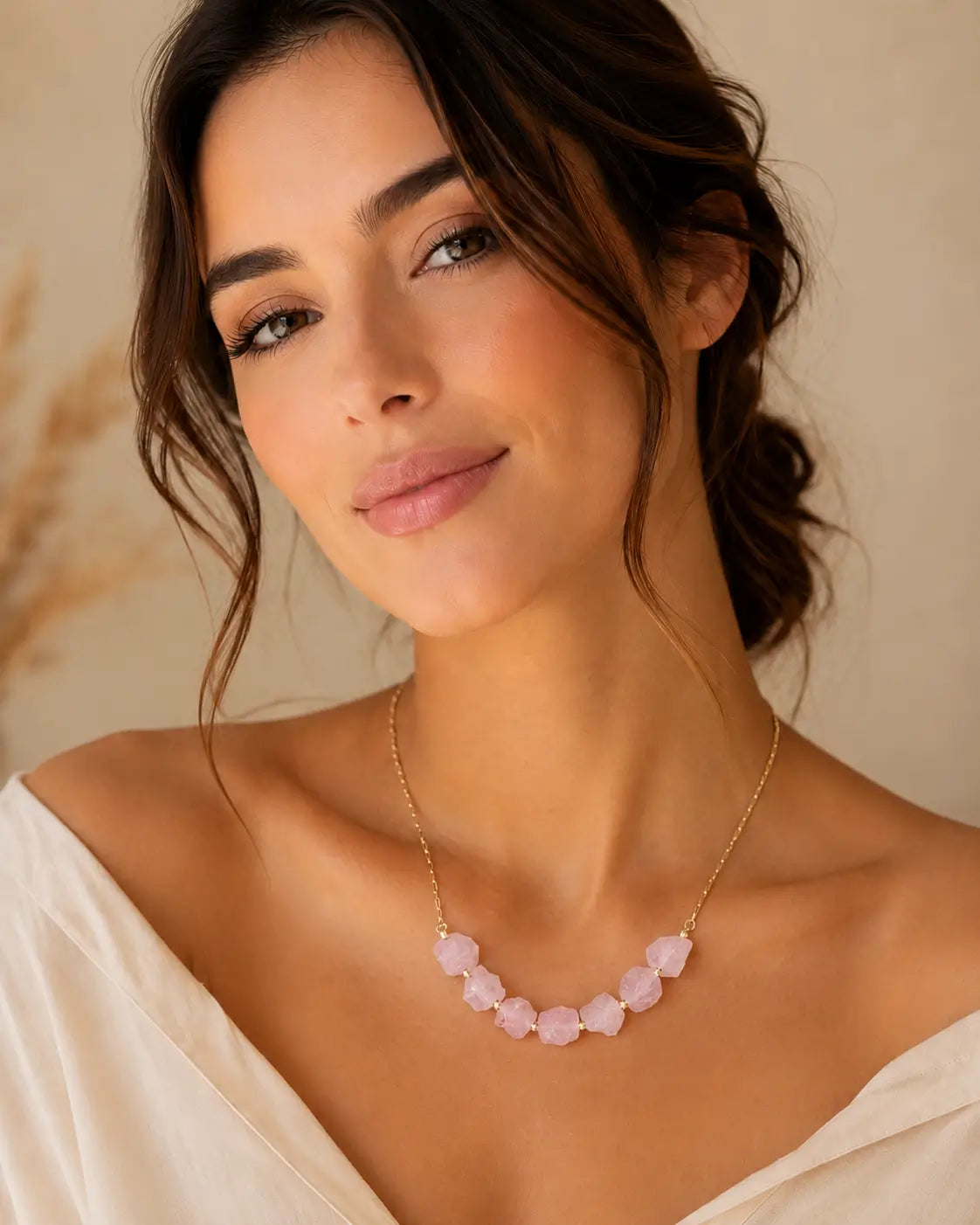 Colar Quartzo Rosa Bruto Banho Ouro