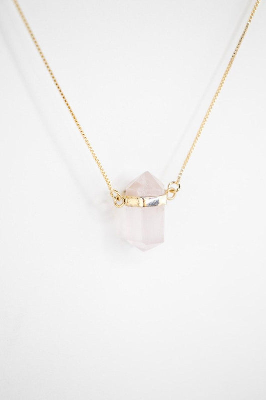 Colar Quartzo Rosa Ponta Biterminada Banhado Ouro