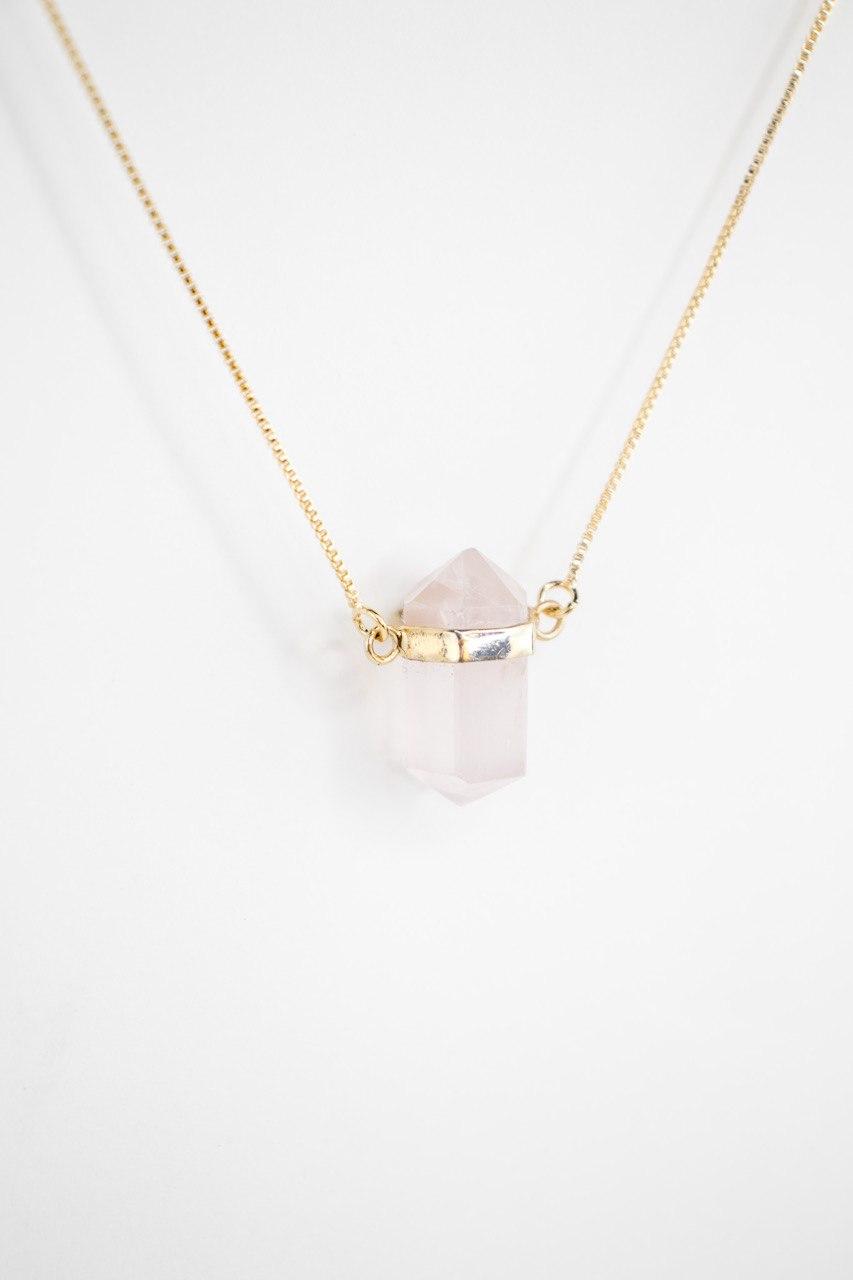 Colar Quartzo Rosa Ponta Biterminada Banhado Ouro