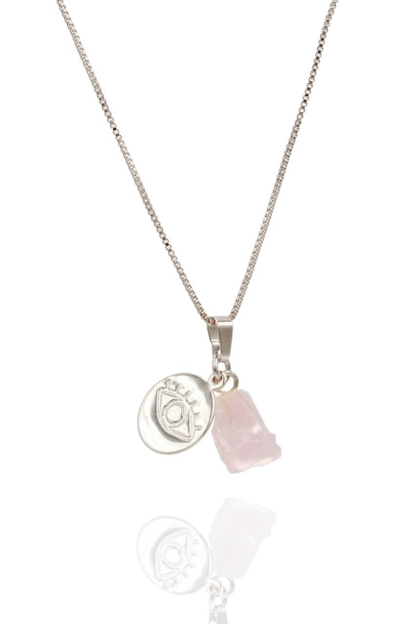 Colar Olho Grego Quartzo Rosa Banho Prata
