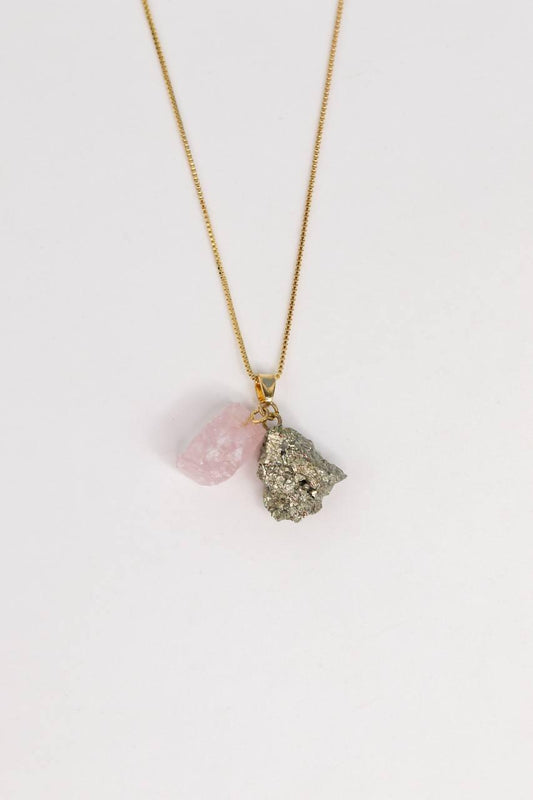 Colar Quartzo Rosa com Pirita Manifesto Banho Ouro