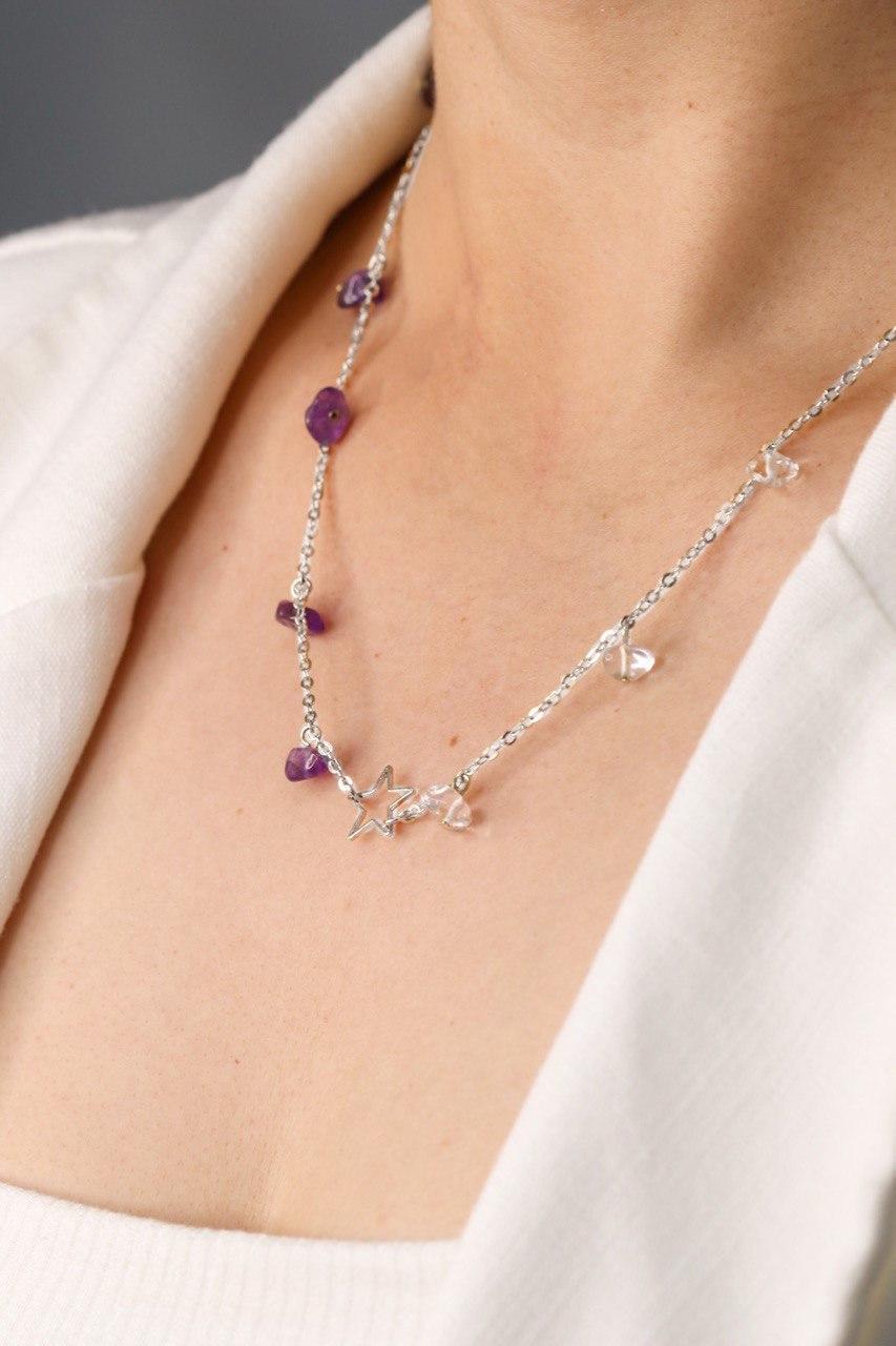 Colar Ametista e Cristal Sementes Estrelar banhado Prata