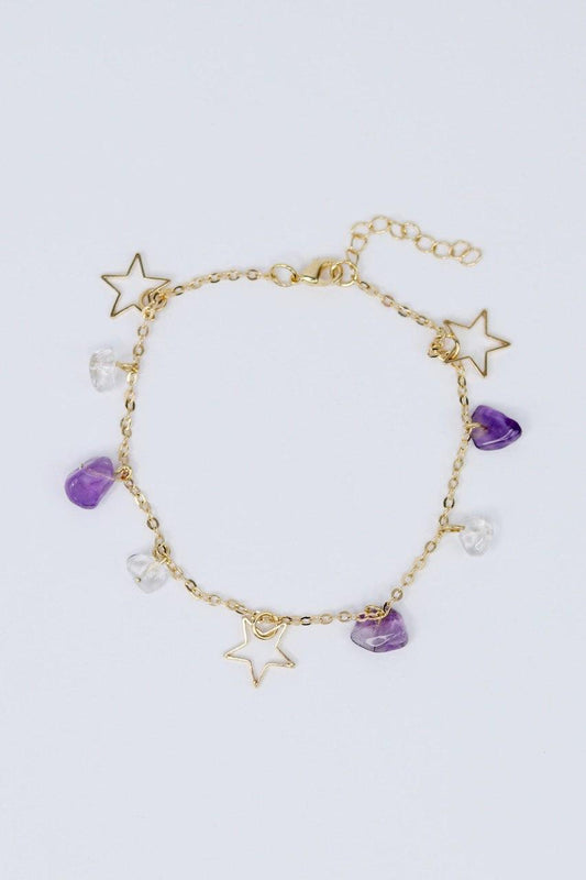 Tornozeleira Ametista e Cristal Sementes Estrelar banhado Ouro