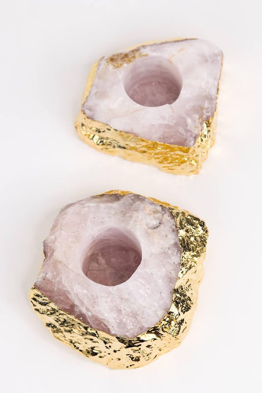 Porta Vela Quartzo Rosa com Banho Ouro