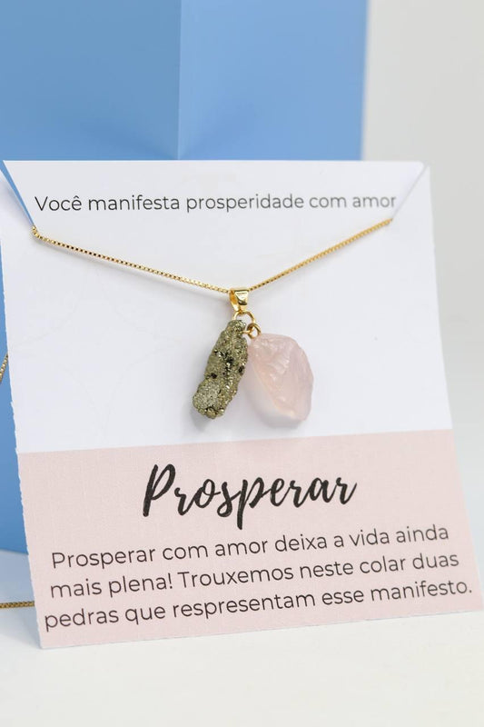Colar Quartzo Rosa com Pirita Manifesto Banho Ouro