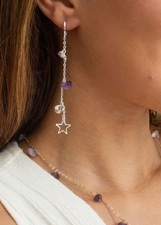 Brinco Argola Clic Ametista e Cristal Estrelar banhado Prata