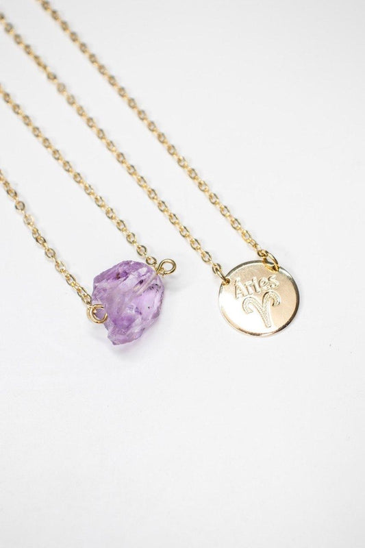 Escapulário Signo Áries - Pedra Ametista Bruta banhado Ouro