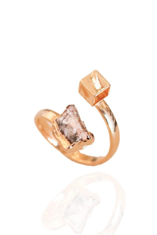 Anel Quartzo Cristal Cubo Ajustável Banho Ouro