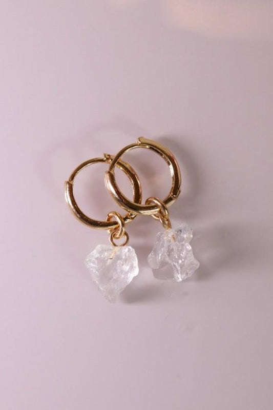 Brinco Argola Boleada Cristal de Quartzo Banho Ouro